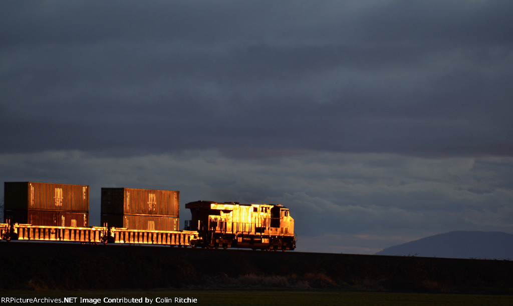 CN 2841 leads a W/B unit stack train on the south side down grade of the Hwy 99 overpass towards Control Point Gulf.